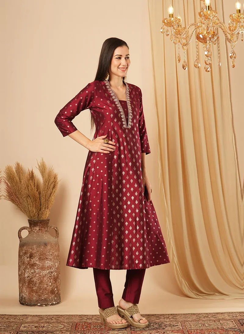 globus Maroon Globus Women Ethnic Motifs Printed Panelled Thread Work Kurta With Trousers Festive Set for Women | Best Price UAE